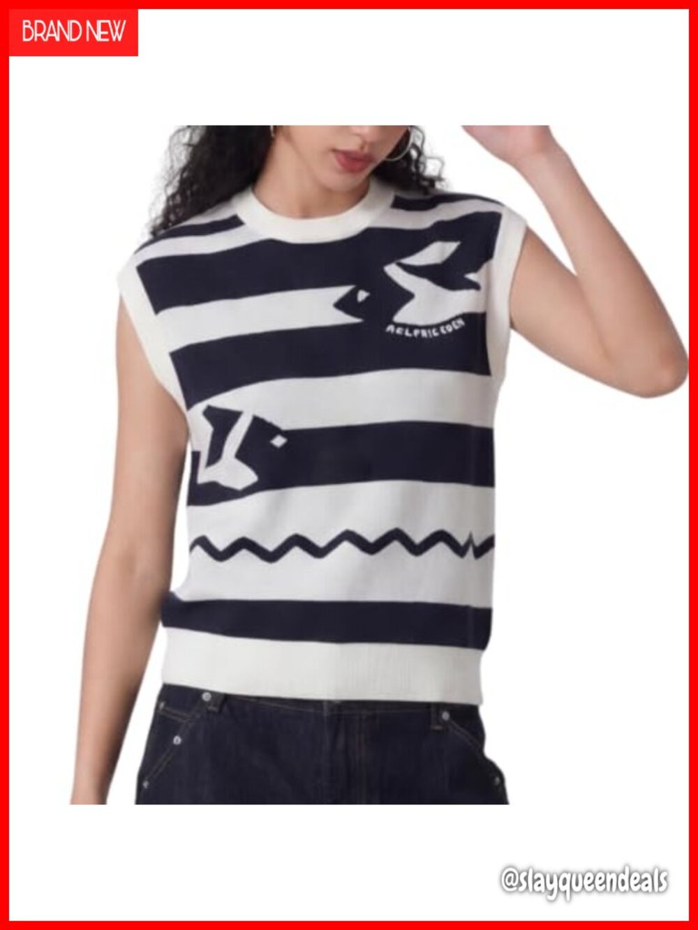 Striped Fish Knit Sweater Vest Crewneck Acrylic Unisex Pullover Top